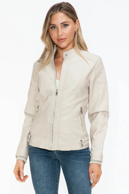 Snobbish Faux Leather Biker Jacket with Side Zip Pockets - Velveta Studio