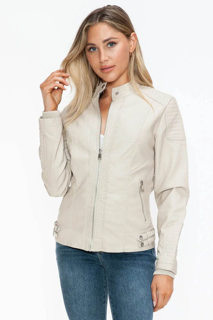Snobbish Faux Leather Biker Jacket with Side Zip Pockets - Velveta Studio