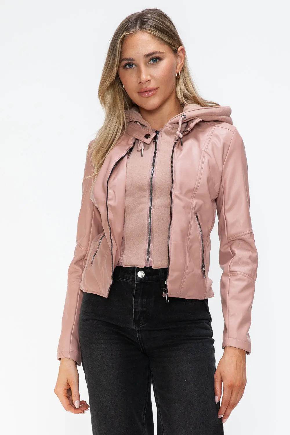 Snobbish Faux Leather Zip Up Drawstring Hooded Jacket - Velveta Studio