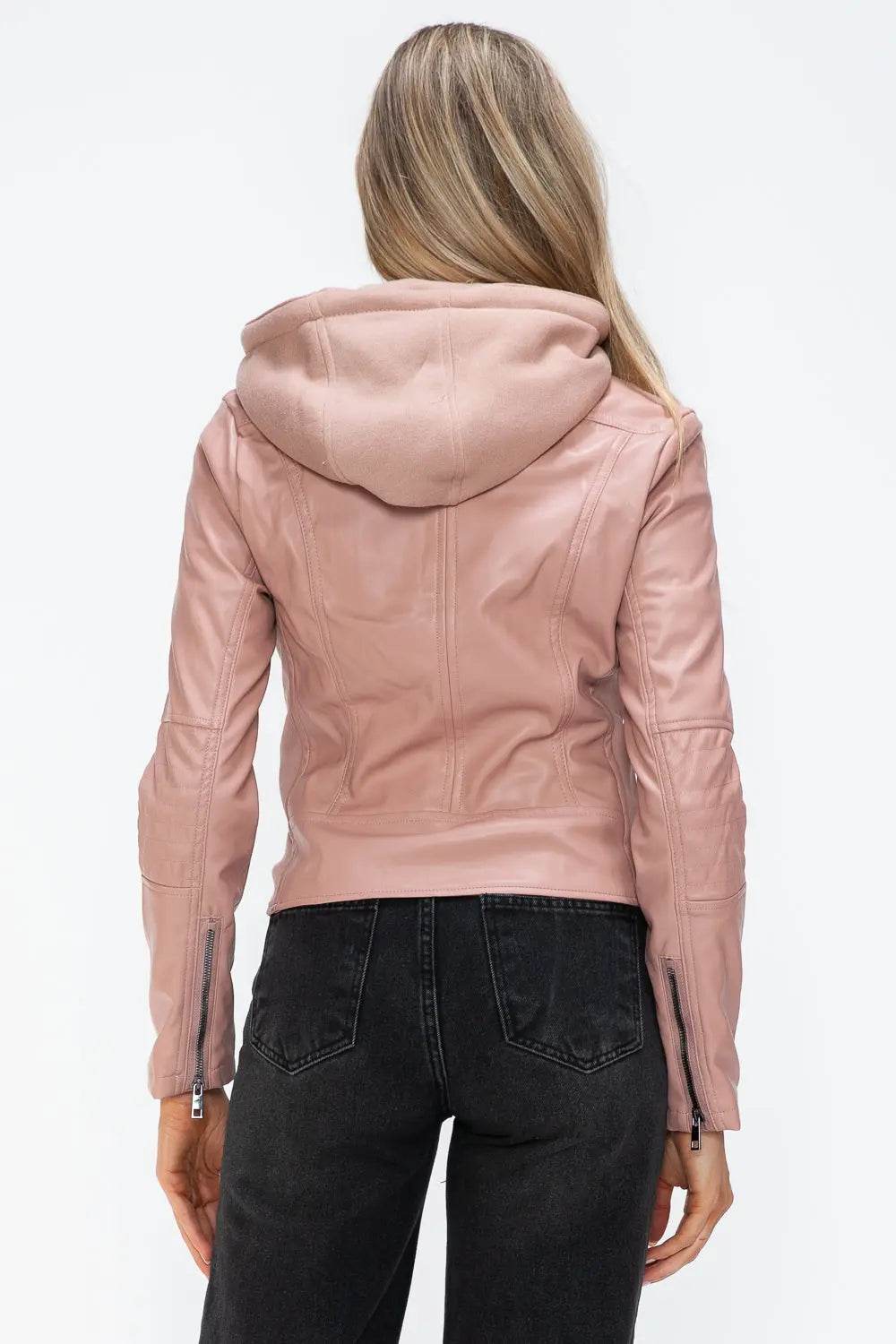 Snobbish Faux Leather Zip Up Drawstring Hooded Jacket - Velveta Studio