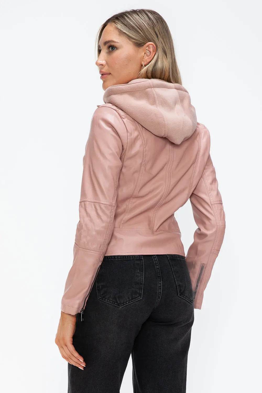 Snobbish Faux Leather Zip Up Drawstring Hooded Jacket - Velveta Studio