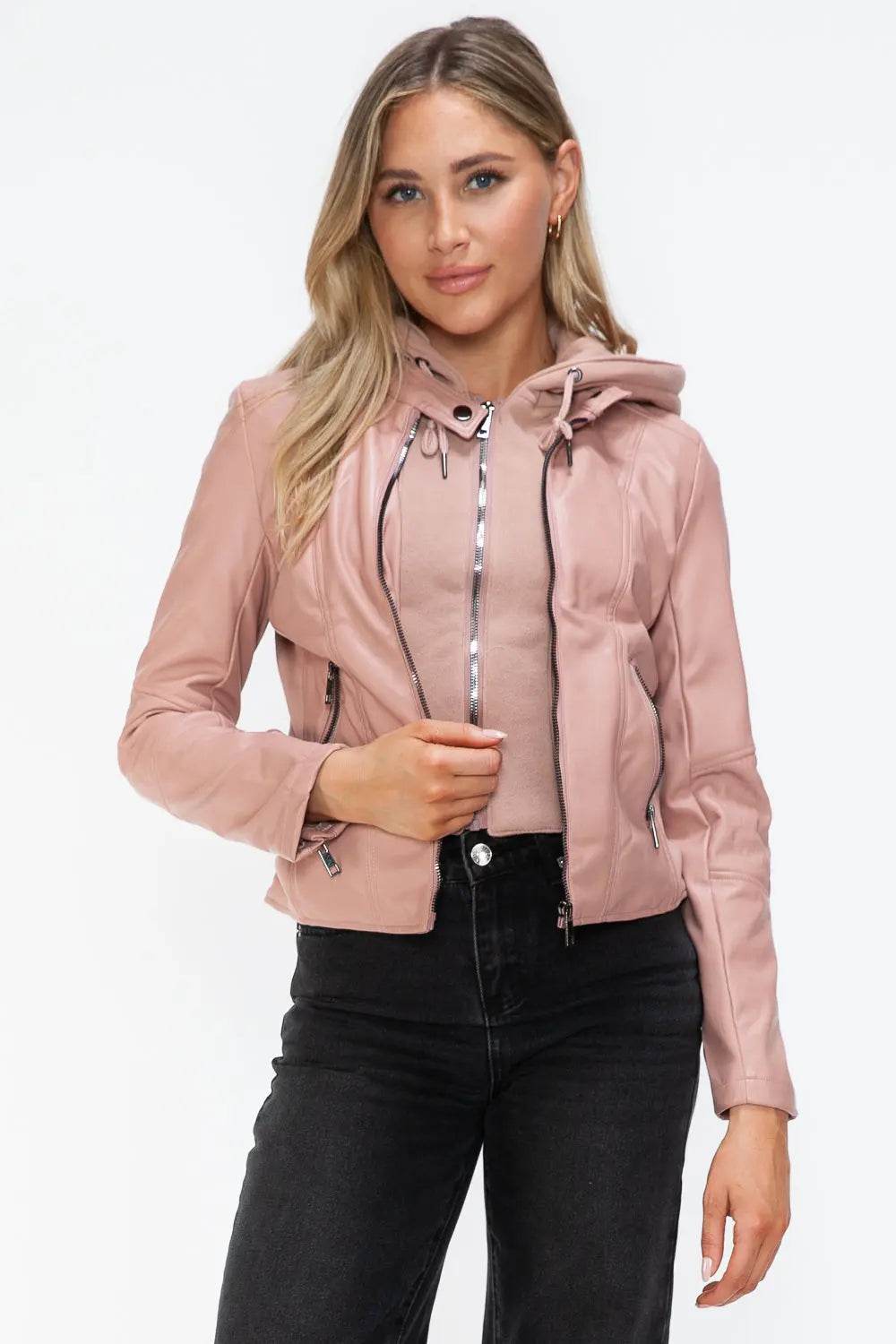 Snobbish Faux Leather Zip Up Drawstring Hooded Jacket - Velveta Studio