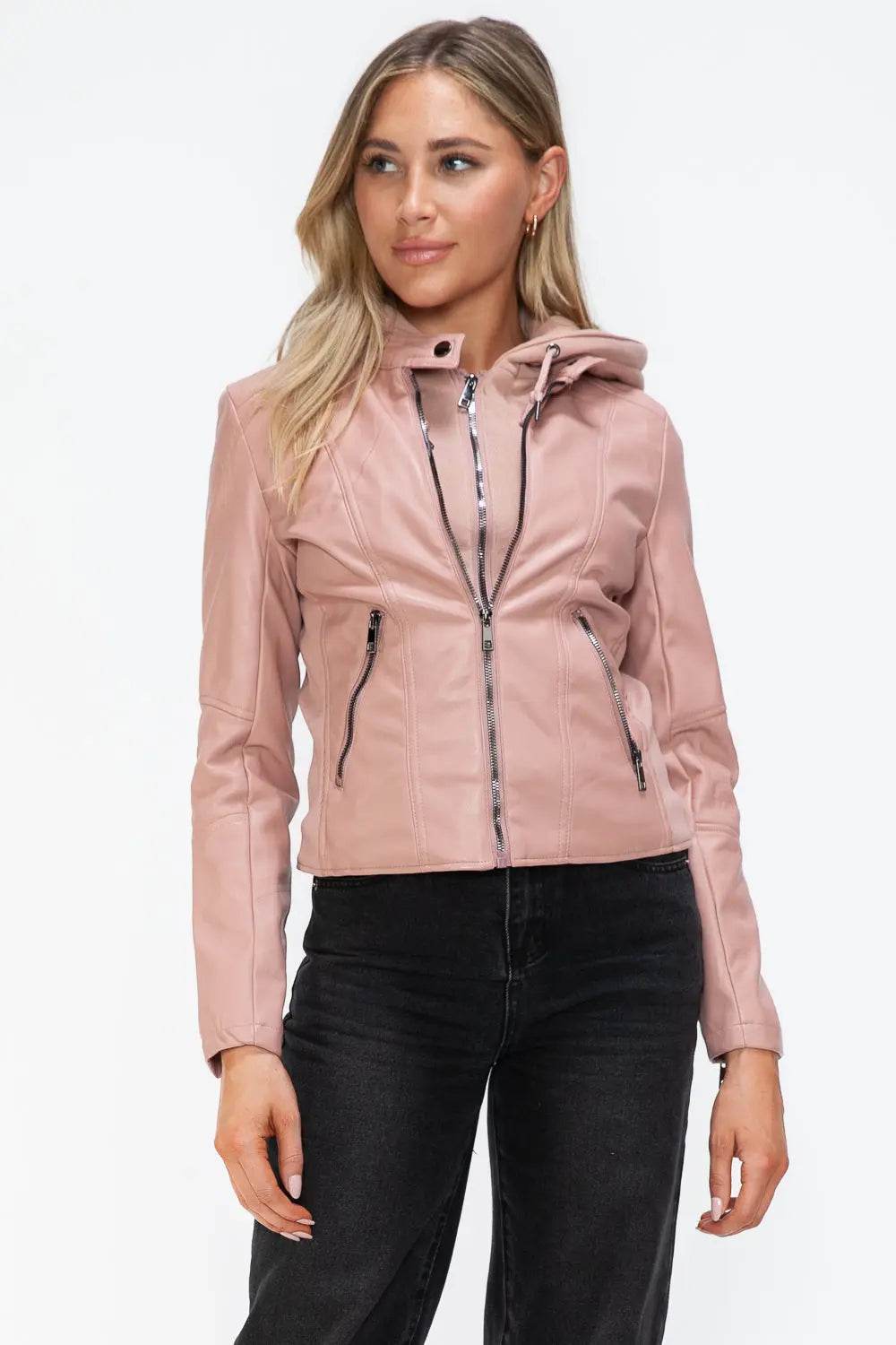 Snobbish Faux Leather Zip Up Drawstring Hooded Jacket - Velveta Studio