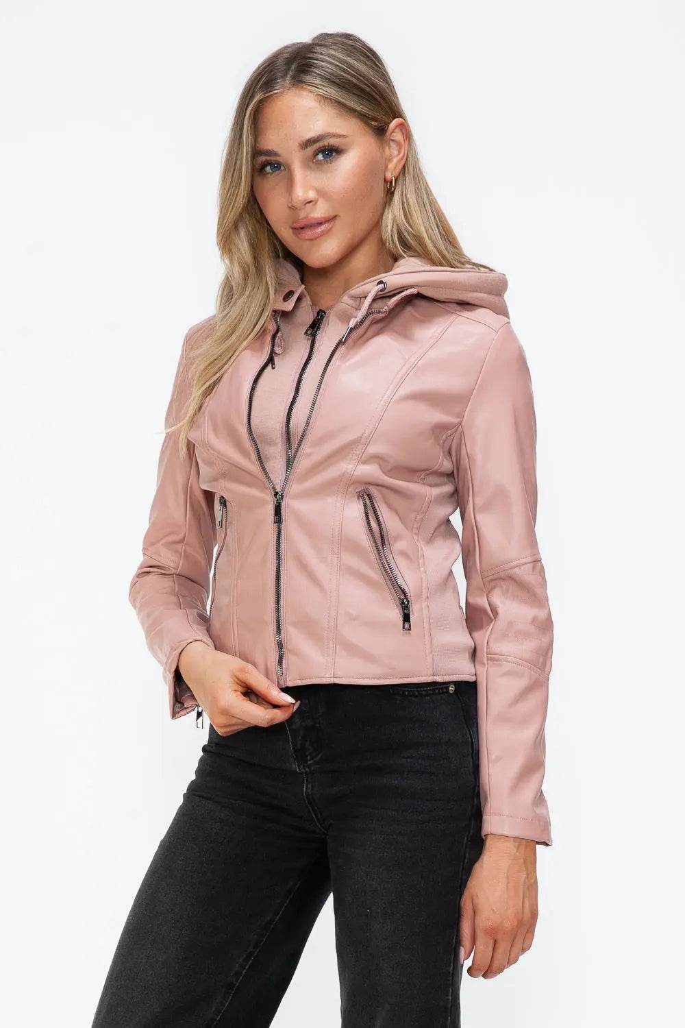 Snobbish Faux Leather Zip Up Drawstring Hooded Jacket - Velveta Studio