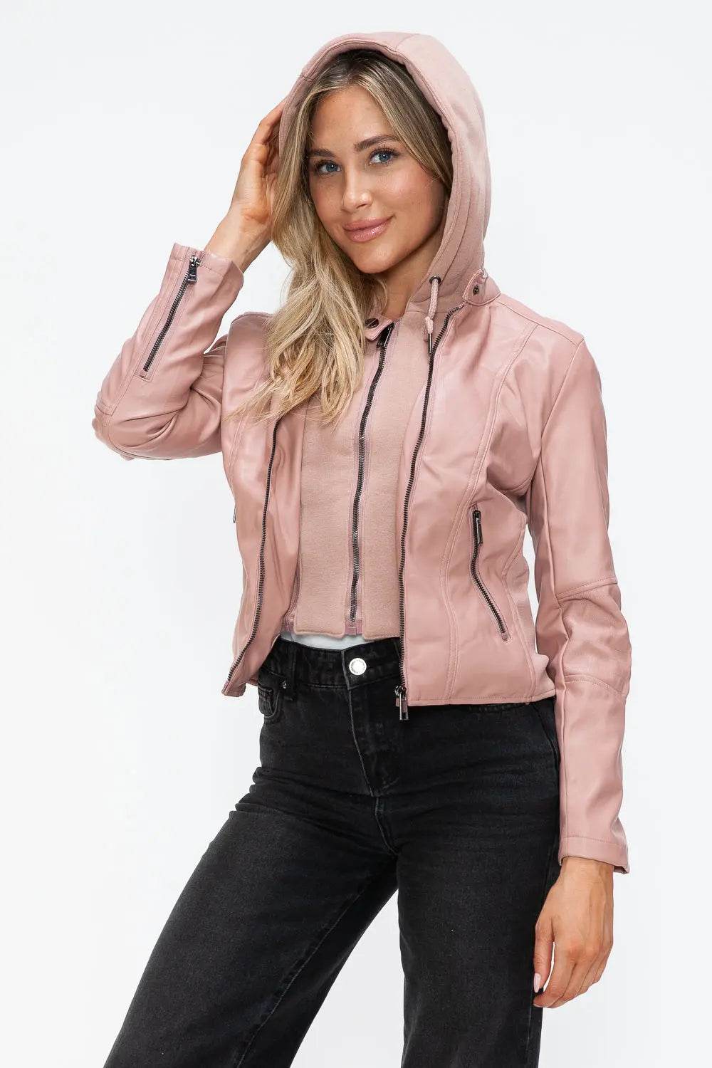 Snobbish Faux Leather Zip Up Drawstring Hooded Jacket - Velveta Studio
