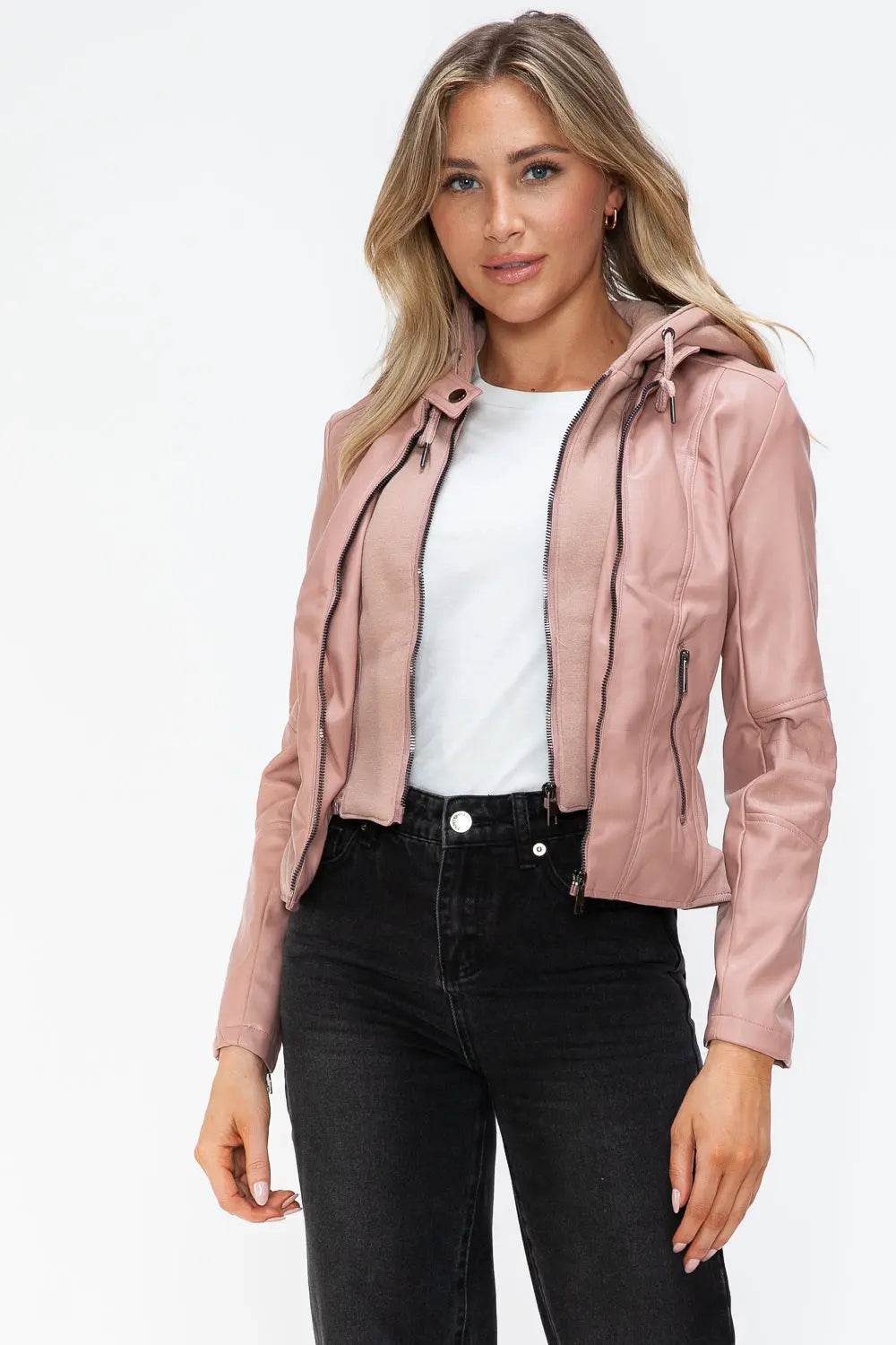 Snobbish Faux Leather Zip Up Drawstring Hooded Jacket - Velveta Studio