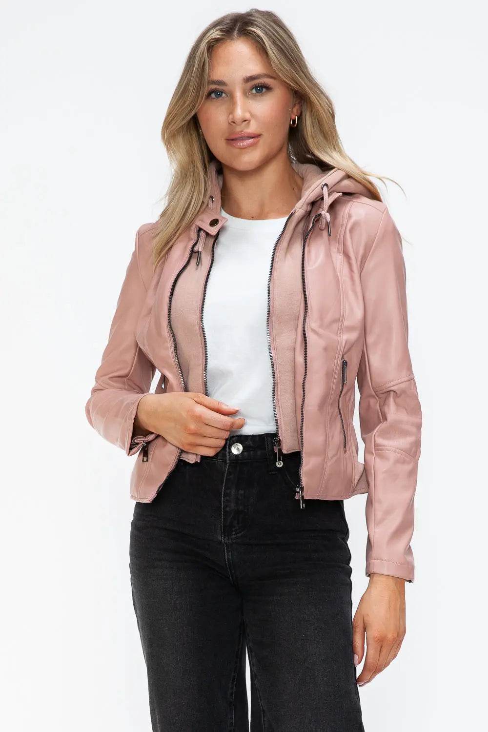 Snobbish Faux Leather Zip Up Drawstring Hooded Jacket - Velveta Studio