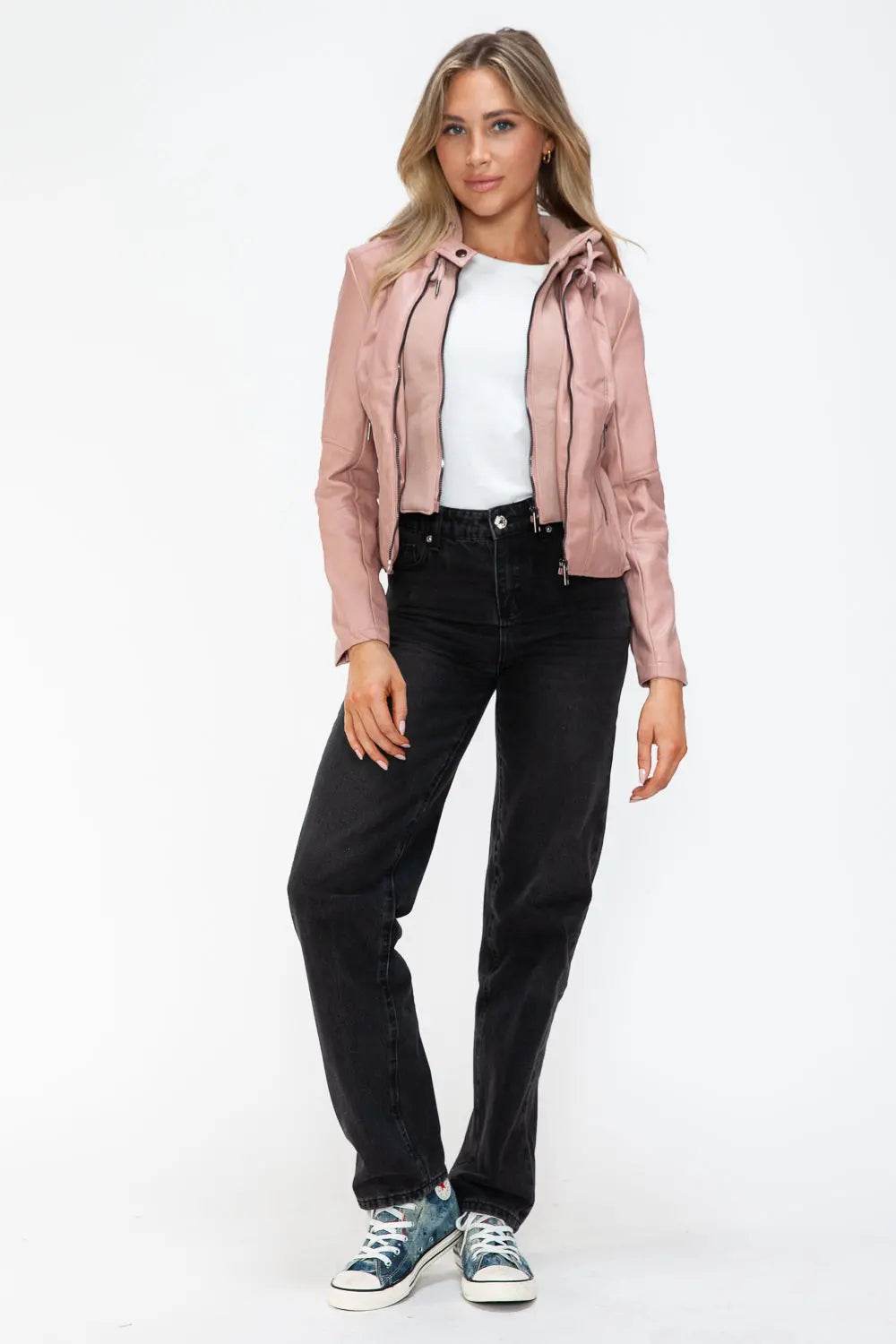 Snobbish Faux Leather Zip Up Drawstring Hooded Jacket - Velveta Studio