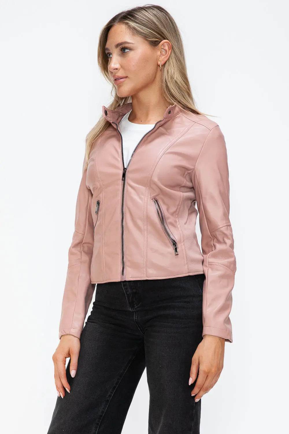 Snobbish Faux Leather Zip Up Drawstring Hooded Jacket - Velveta Studio