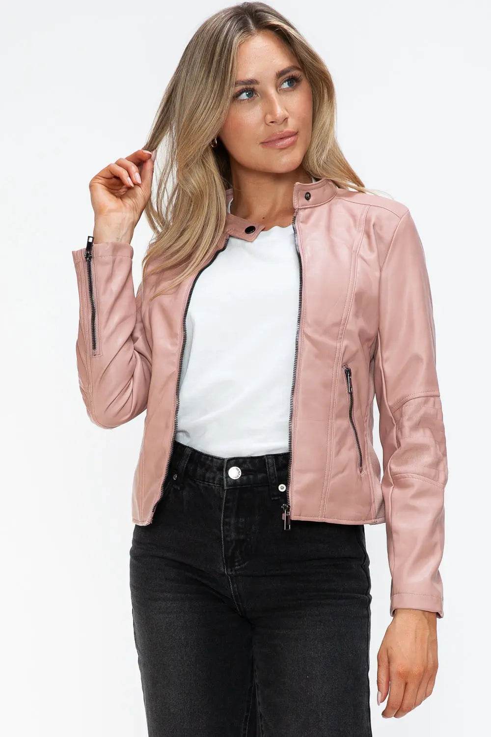 Snobbish Faux Leather Zip Up Drawstring Hooded Jacket - Velveta Studio
