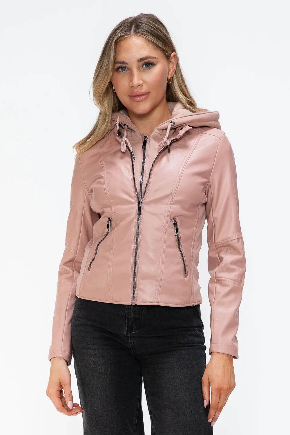 Snobbish Faux Leather Zip Up Drawstring Hooded Jacket - Velveta Studio