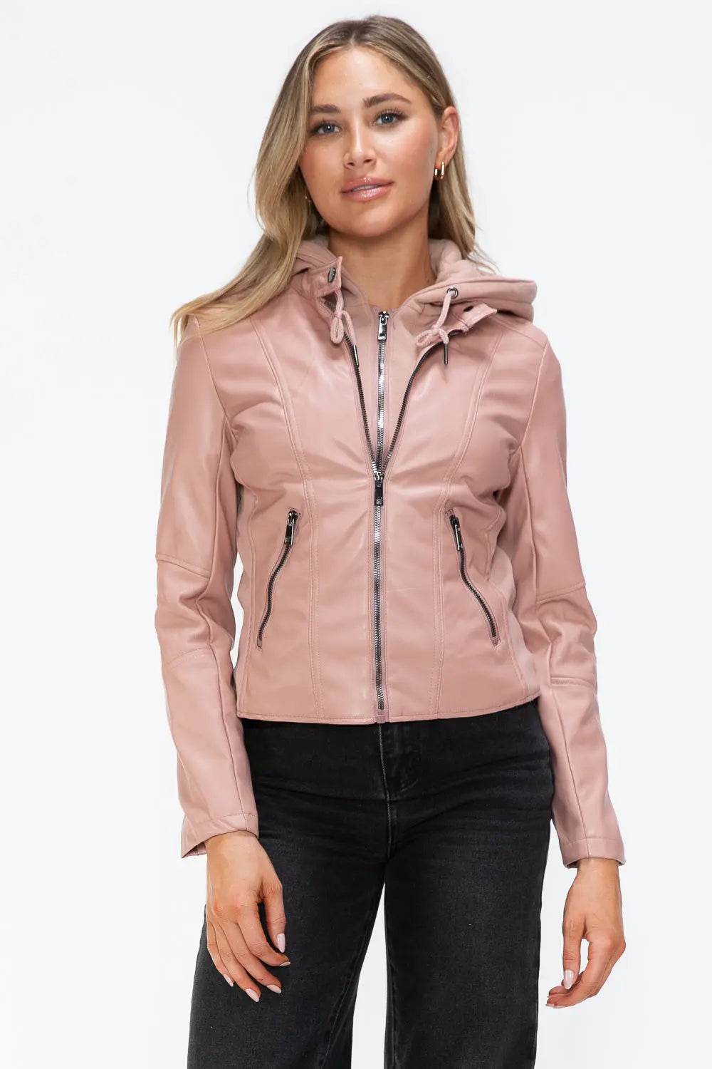 Snobbish Faux Leather Zip Up Drawstring Hooded Jacket - Velveta Studio