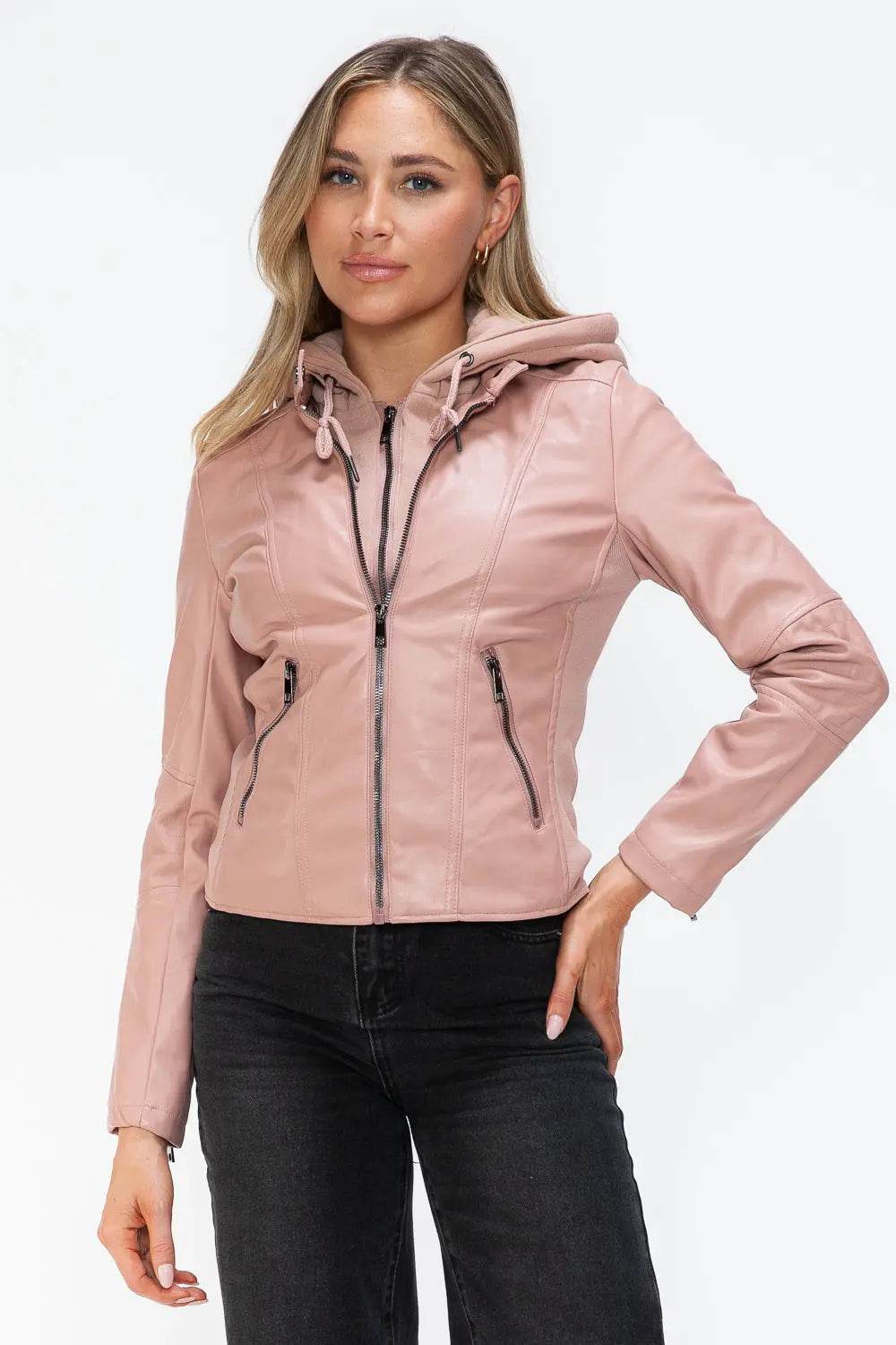 Snobbish Faux Leather Zip Up Drawstring Hooded Jacket - Velveta Studio
