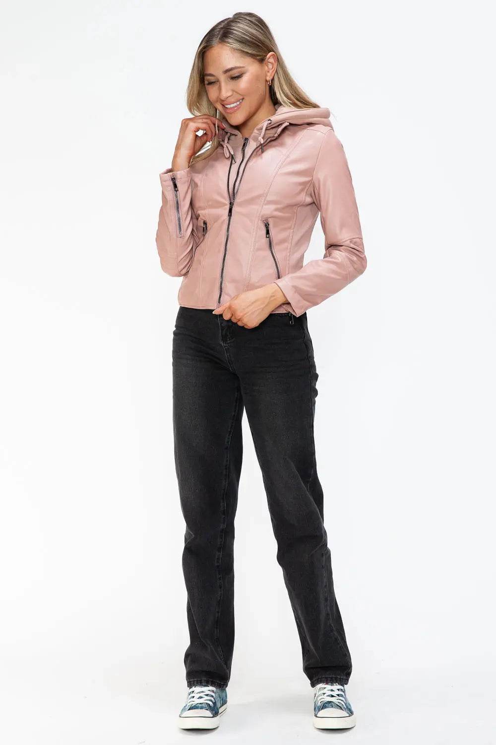 Snobbish Faux Leather Zip Up Drawstring Hooded Jacket - Velveta Studio