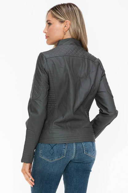 Snobbish Faux Leather Zip Up Mock Neck Jacket - Velveta Studio