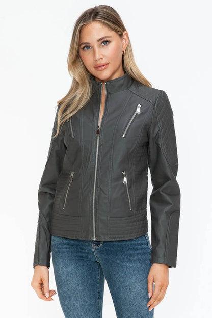 Snobbish Faux Leather Zip Up Mock Neck Jacket - Velveta Studio