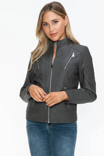Snobbish Faux Leather Zip Up Mock Neck Jacket - Velveta Studio