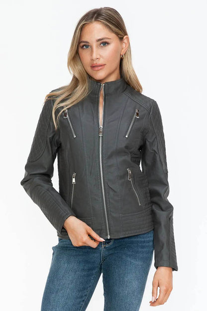 Snobbish Faux Leather Zip Up Mock Neck Jacket - Velveta Studio