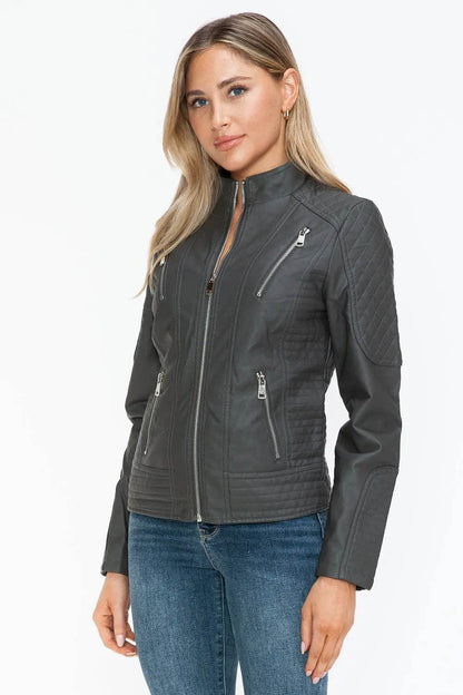 Snobbish Faux Leather Zip Up Mock Neck Jacket - Velveta Studio