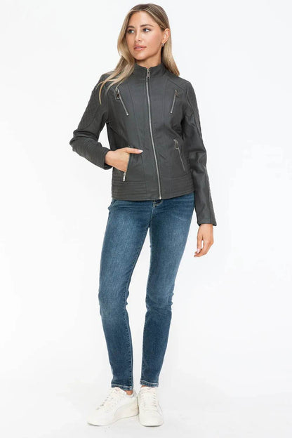 Snobbish Faux Leather Zip Up Mock Neck Jacket - Velveta Studio