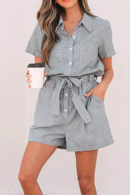 Stripe Chest Pockets Tie Waist Romper - Velveta Studio
