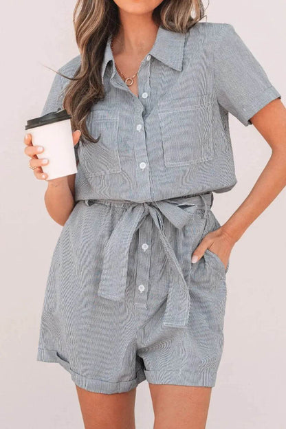 Stripe Chest Pockets Tie Waist Romper - Velveta Studio