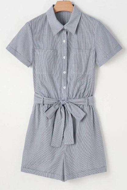 Stripe Chest Pockets Tie Waist Romper - Velveta Studio