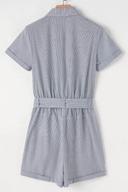 Stripe Chest Pockets Tie Waist Romper - Velveta Studio