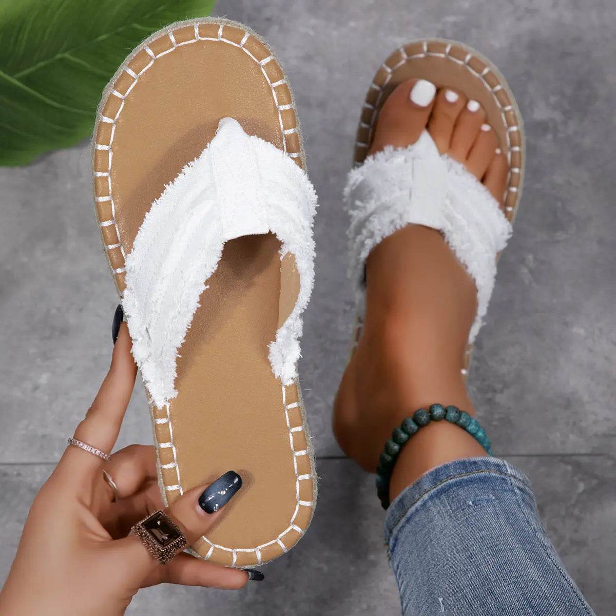 Toe Post Raw Hem Flat Sandals - Velveta Studio