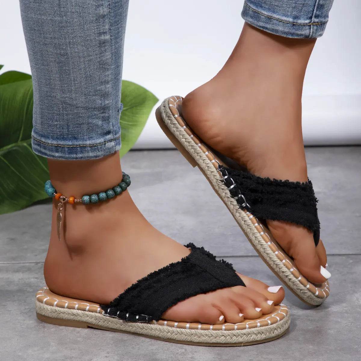 Toe Post Raw Hem Flat Sandals - Velveta Studio