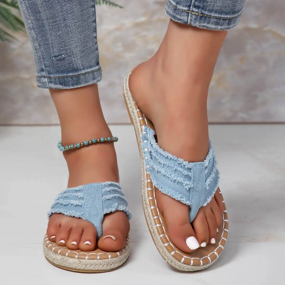 Toe Post Raw Hem Flat Sandals - Velveta Studio