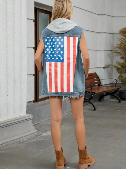 US Flag Button Up Denim Jacket
