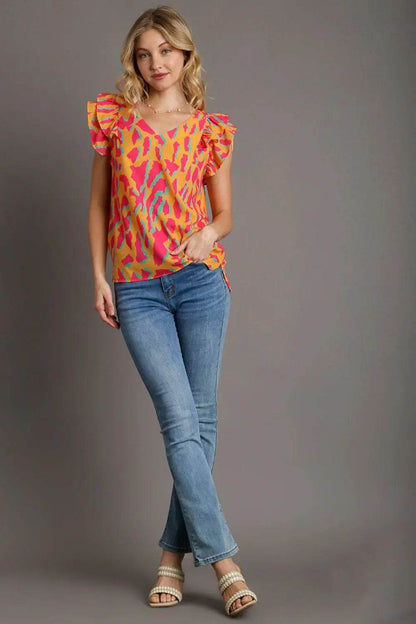 Umgee Full Size Abstract Print V-Neck Double Layer Ruffle Sleeve Blouse Plus Size - Velveta Studio