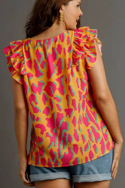 Umgee Full Size Abstract Print V-Neck Double Layer Ruffle Sleeve Blouse Plus Size - Velveta Studio