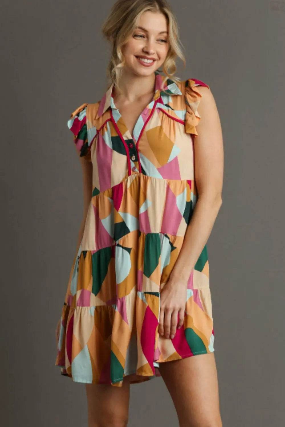 Umgee Full Size Button Detail Ruffle Sleeve Mini Dress Plus Size - Velveta Studio
