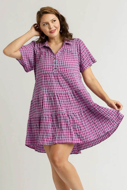 Umgee Full Size Gingham Tiered Button Detail Short Sleeve Dress Plus Size - Velveta Studio
