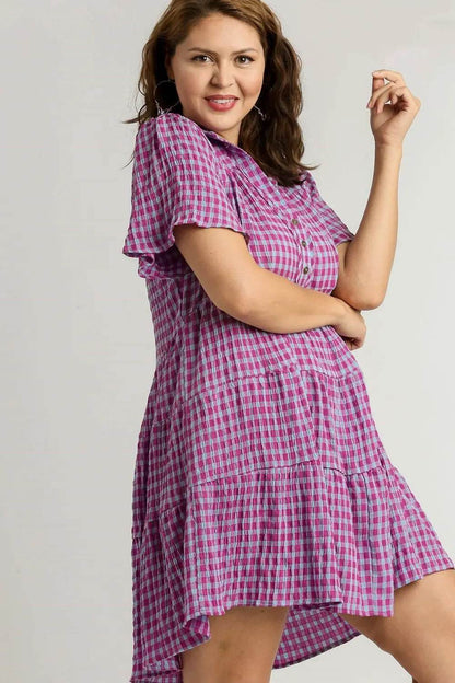 Umgee Full Size Gingham Tiered Button Detail Short Sleeve Dress Plus Size - Velveta Studio
