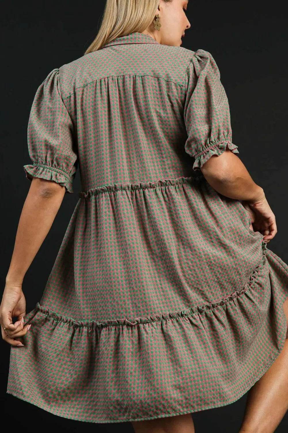 Umgee Full Size Plaid Frill Button Detail Ruffled Short Sleeve Dress Plus Size - Velveta Studio