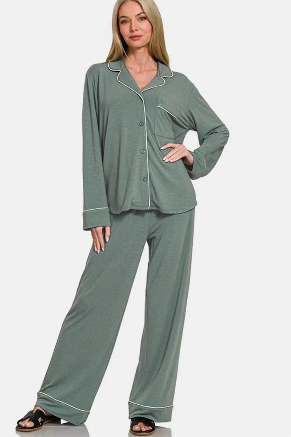 Zenana Button Down Long Sleeve Top and Pants Lounge Set - Velveta Studio