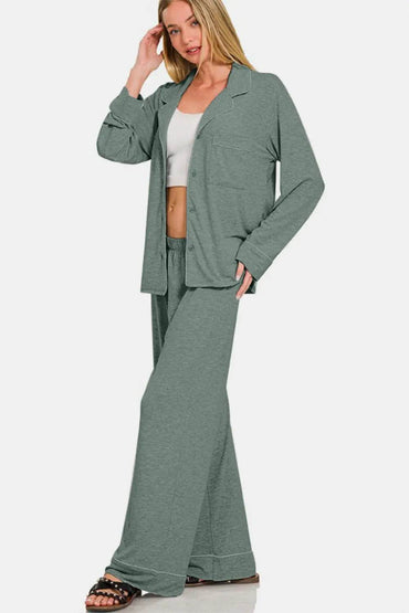Zenana Button Down Long Sleeve Top and Pants Lounge Set - Velveta Studio
