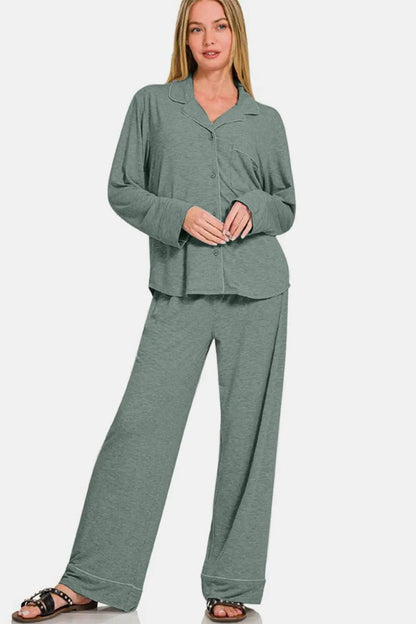 Zenana Button Down Long Sleeve Top and Pants Lounge Set - Velveta Studio