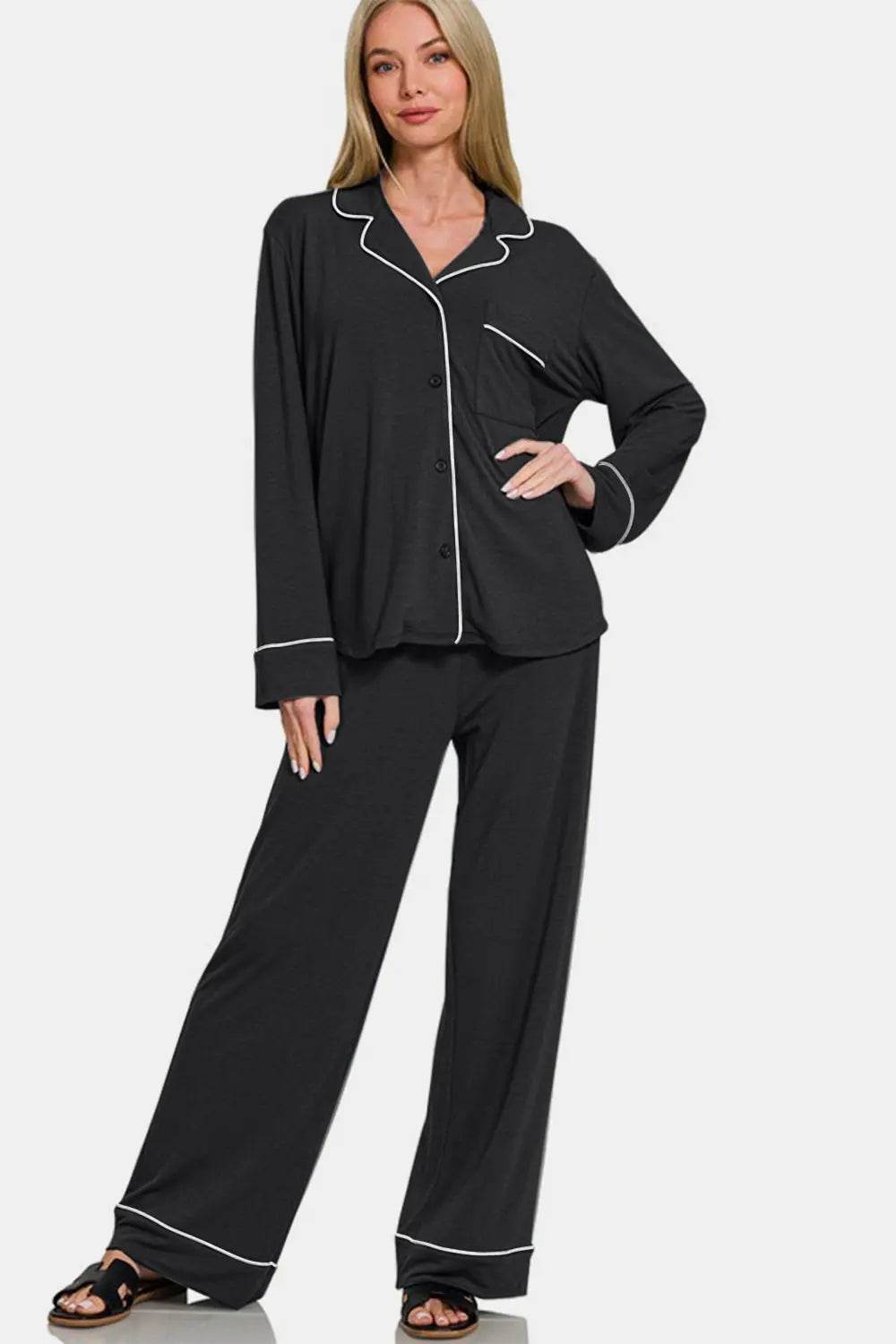 Zenana Button Down Long Sleeve Top and Pants Lounge Set - Velveta Studio