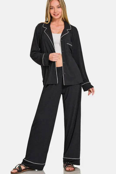 Zenana Button Down Long Sleeve Top and Pants Lounge Set - Velveta Studio