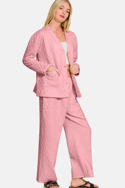 Zenana Quilted Button Up Long Sleeve Top and Pants Lounge Set - Velveta Studio