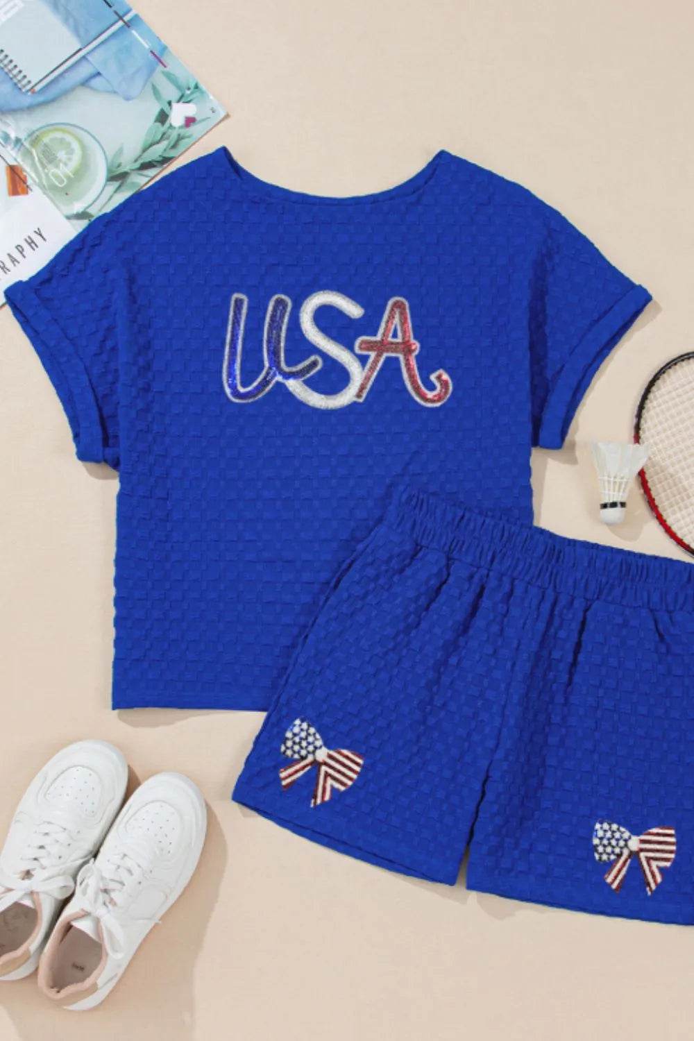 Textured Sequined USA Top and Bowknot Shorts Set - Velveta Studio