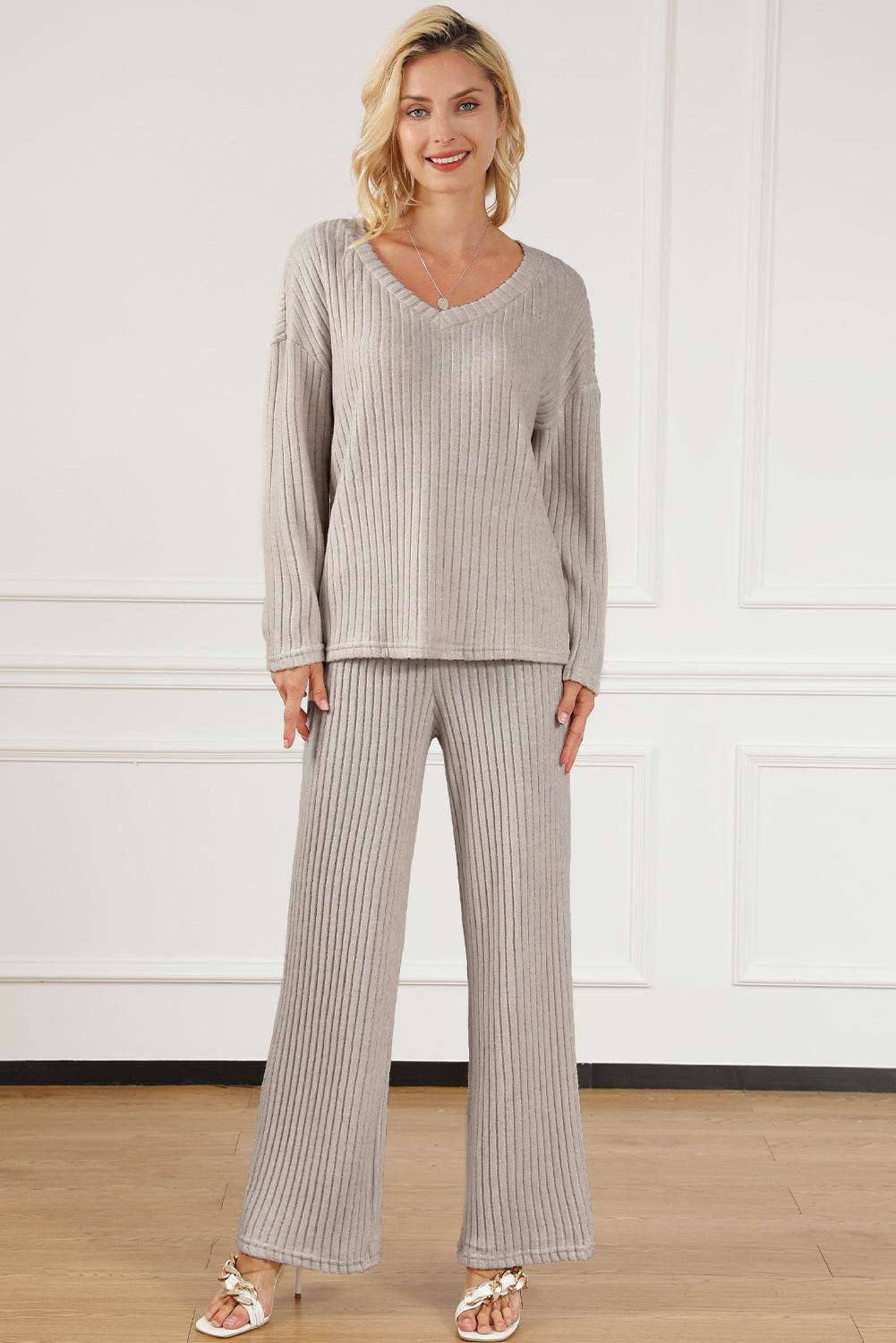Ribbed V-Neck Top and Pants Lounge Set - Velveta Studio