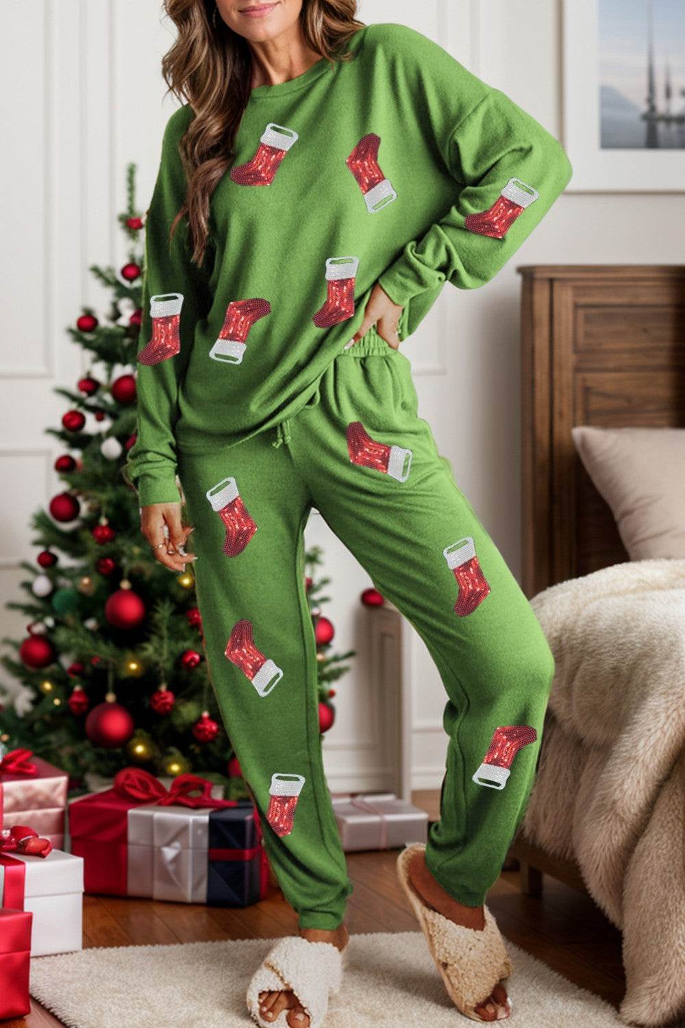 Sequin Socks Round Neck Long Sleeve Top and Pants Lounge Set - Velveta Studio
