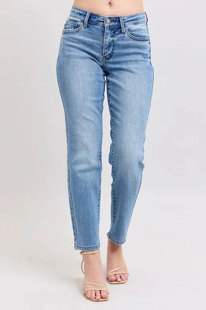 Mid Rise Vintage Wash Slim Jeans with Cell Phone Pocket Plus Size - Velveta Studio