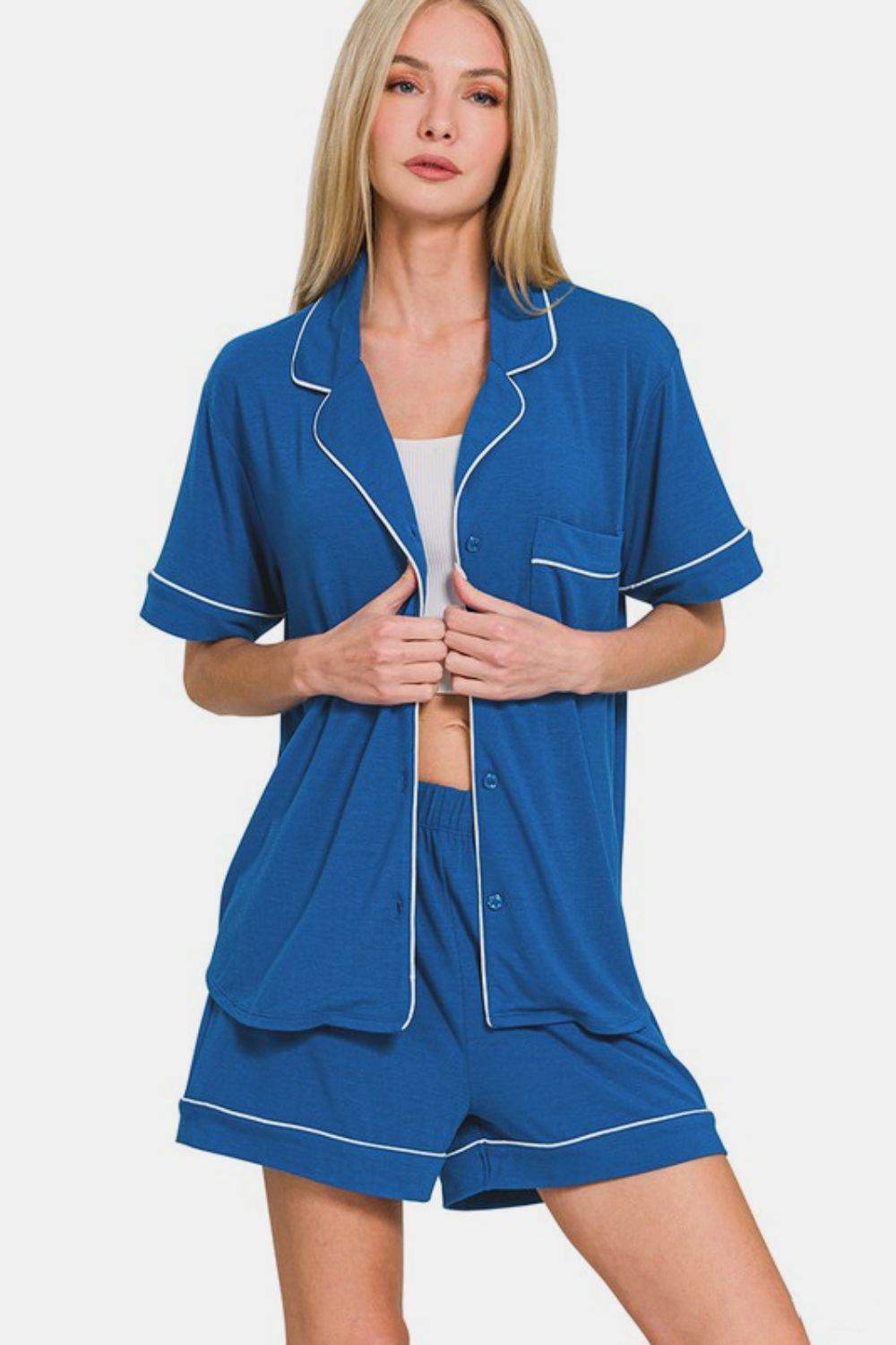 Zenana Button Down Short Sleeve Top and Shorts Lounge Set - Velveta Studio