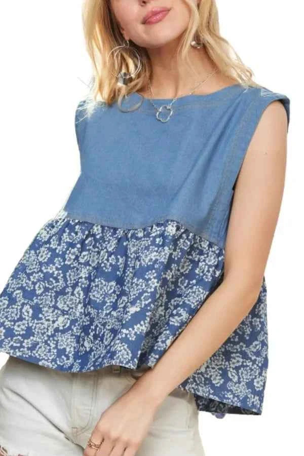 ADORA Sleeveless Denim Contrast Top